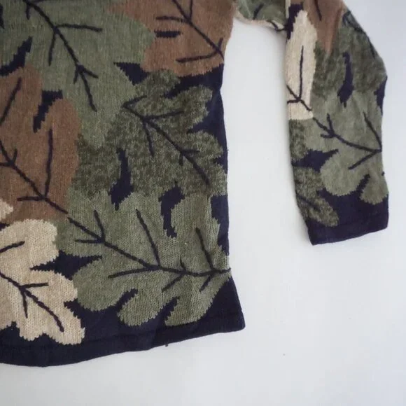 Vintage Christopher Banks Taupe Leaf Botanical Pattern Button Knit Cardigan L - Picture 7 of 10